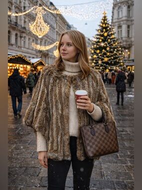 Joie Real Rabbit Fur Coat Taupe Striped Poncho Cape Jacket Boho Luxe